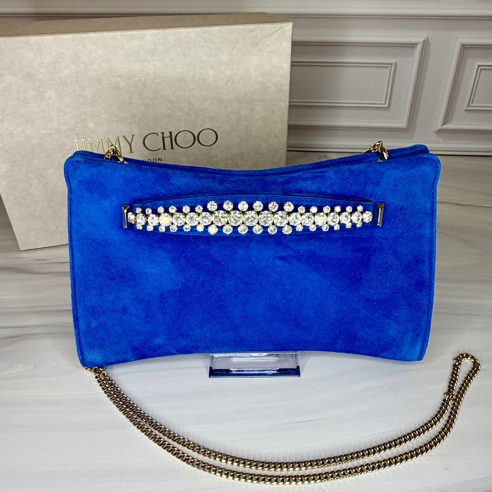Jimmy Choo Venus Electric Blue Suede Clutch | Crystal Embellished | New - Picture 2 of 6
